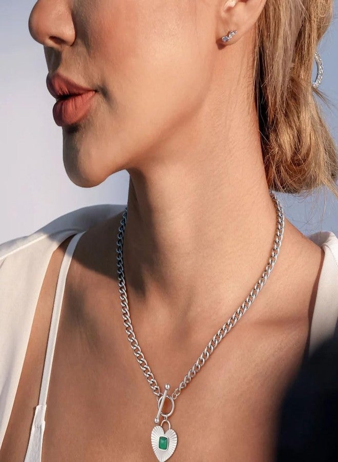 NUZON Chunky Sunburst Heart Pendant Necklace with Green Agate Solitaire Stainless Steel Silver Curb Cuban Thick Chain Toggle Bar Clasp Statement Jewelry for Women 18’’ - Image 3